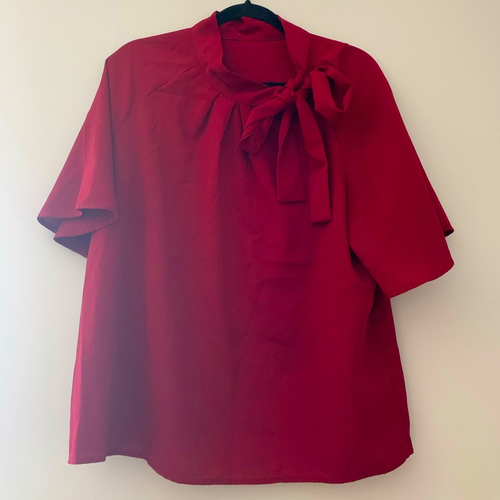 Burgundy loose fit shirt sleeve blouse with oversized tie up neck